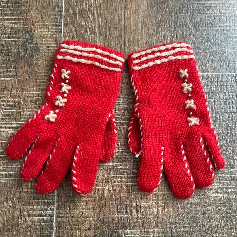 Vintage Girls Wool Red Knit Gloves Size 2 Made in Japan